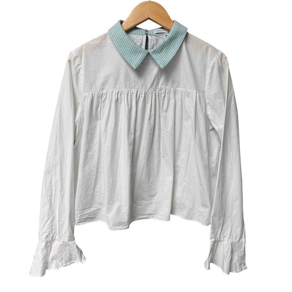 English Factory White Long-Sleeve Blouse with Mint Striped Collar